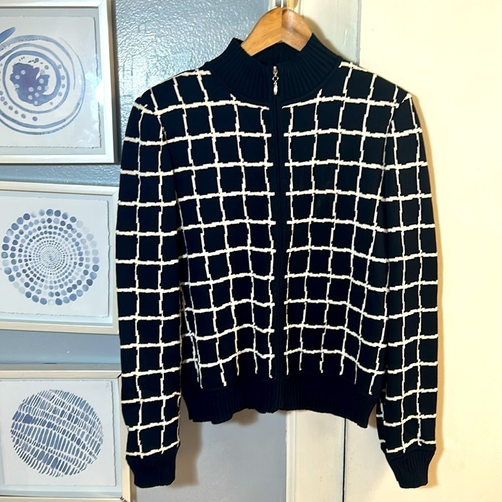 St. John Window Pain Women’s Size 8 Navy Blue White Sweater Jacket Zipper Front